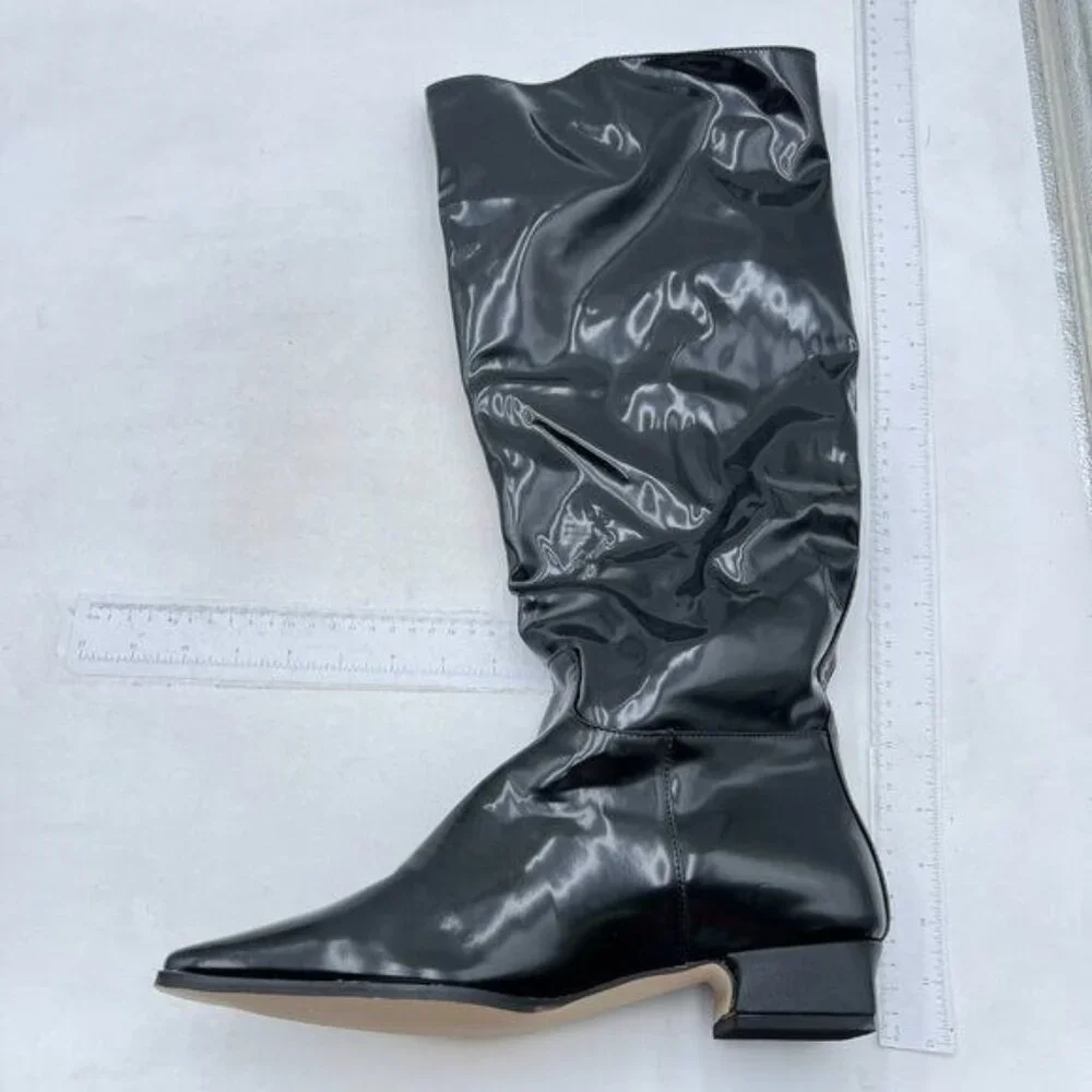 Black Square Toe Knee High Boot Wide Calf Low Chunky Heels Long Boot Party Shoes